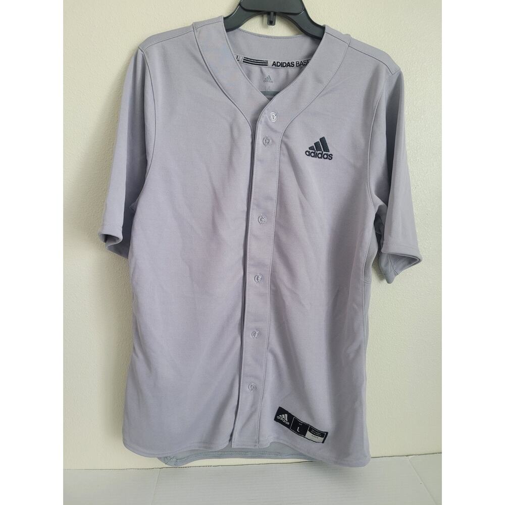 Adidas Baseball Men's Shirt Gray Size L Short Sleeve‎ Button Up Logo Polyester